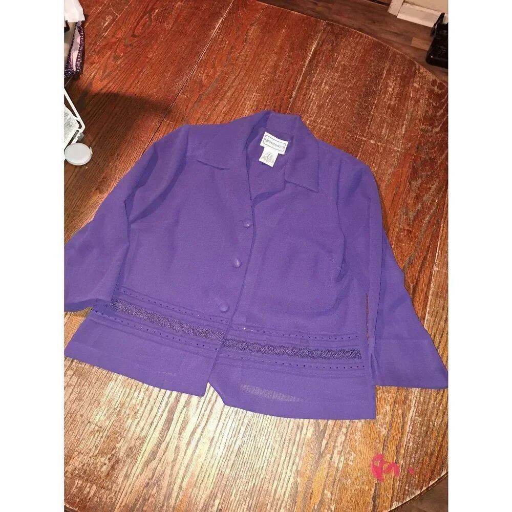 Vintage 1980s 1990s Karin Stevens Purple Embellished Semi Sheer Blouse Medium